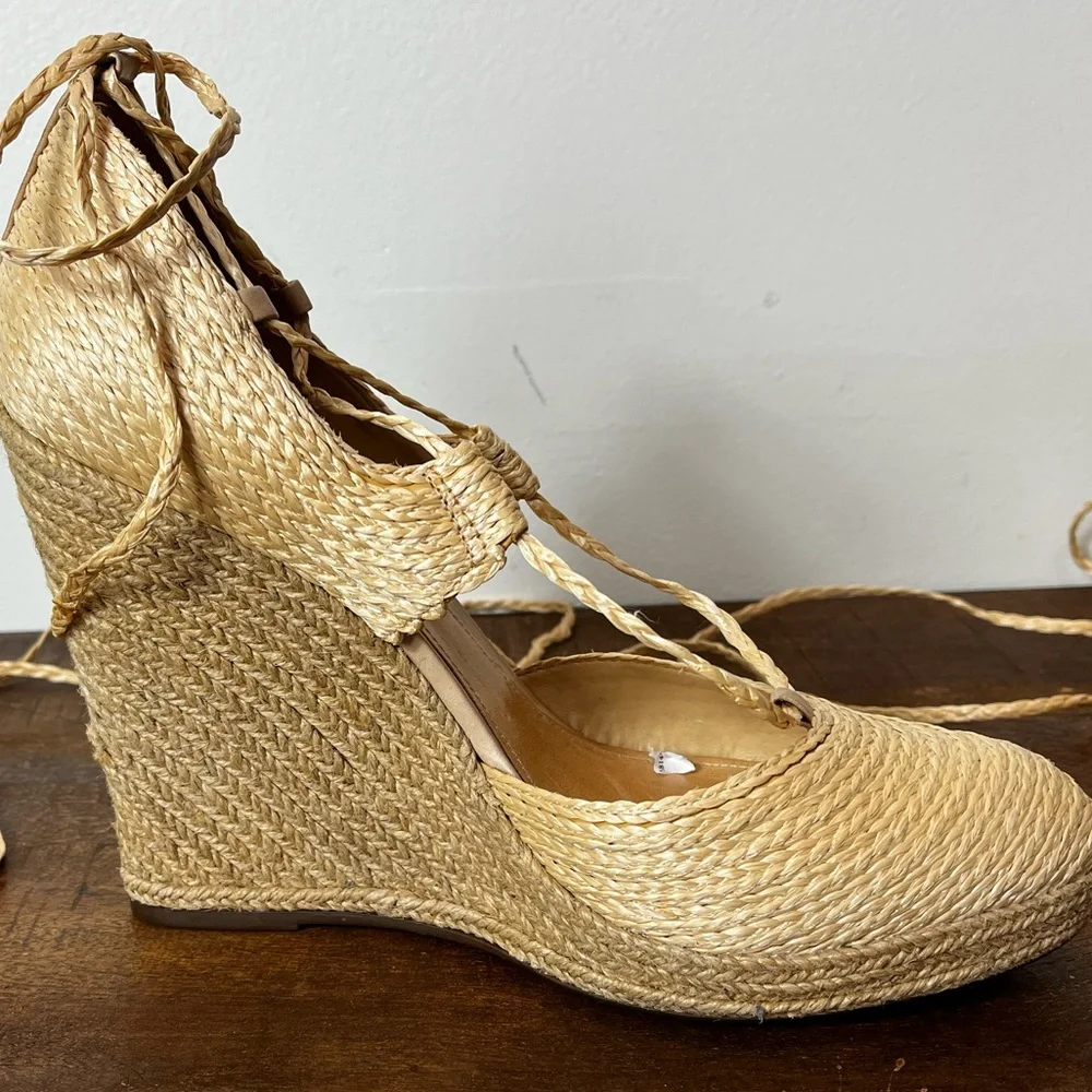 SCHUTZ Cream Espadrille Wedge Sandals with Ankle Tie